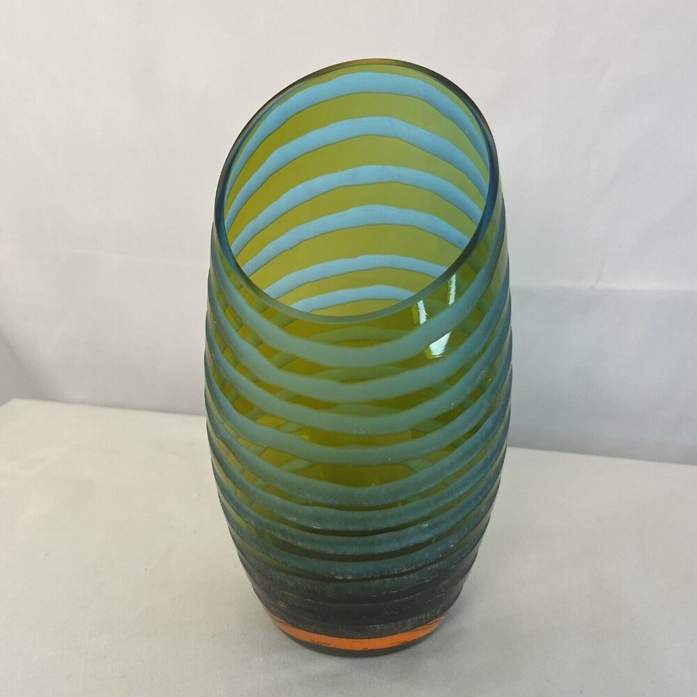 $55 Vintage Cyan Design Angle Cut Etched Art Deco Glass Tall Vase Green Blue - Picture 6 of 7